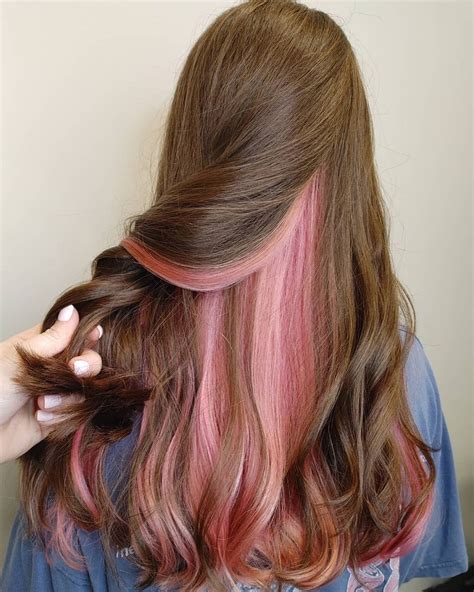 dark roots and pink hair|pink hair underneath brown.